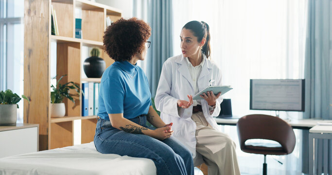 Tablet, consultation and woman with doctor in hospital for healthcare records with treatment plan. Digital technology, checkup and medical worker with patient for research on diagnosis in clinic.