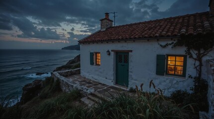Charming Mediterranean coastal cottage at twilight with warm interior lighting