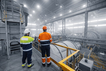 Colleagues having discussion talk cooperation on industrial manufacturing workplace during working process on background grinding ball mill with mineral ore © Parilov