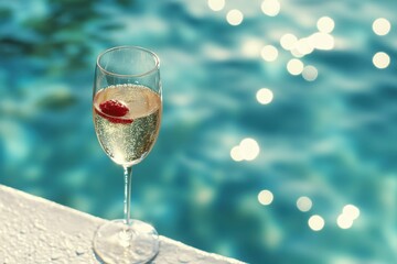 Wine Pool. Elegant Flute Glass of Sparkling White Wine by Swimming Pool Background
