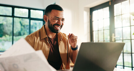 Happy businessman, laptop or home with documents for finance, remote work or salary increase. Man,...