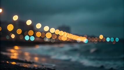 Bokeh lights over coastal waves at dusk