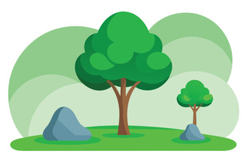 Cartoon Landscape Trees, Rocks, Green Background, Peaceful Nature Illustration with Minimalist Design