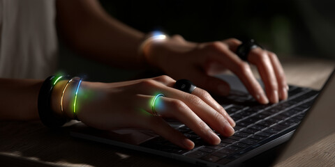  Typing activates wrist rings pulsing with AI prediction confidence signals.
