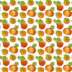 Seamless pattern pumpkins for autumn harvest, Halloween, and Thanksgiving design. For greeting cards, posters, flyers, banners for fall festivals and farmers’ markets, packaging, textile design