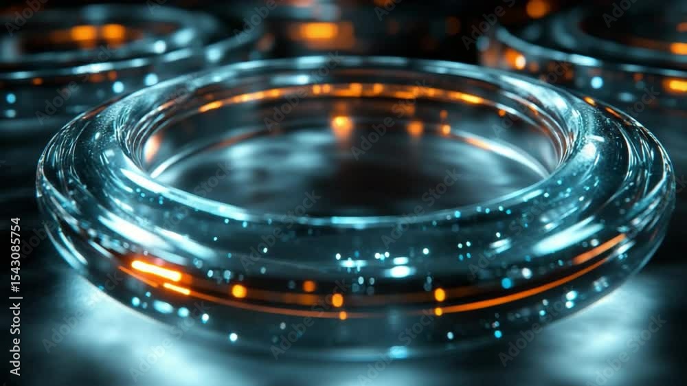 Poster glowing circular technology: a close-up view showcases three illuminated, transparent rings, emittin