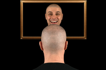 A bald man facing a mirror shows his smiling reflection in a surreal composition. Creative and...