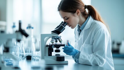 Researcher in Laboratory Examining Gut Microbiome Samples Under Microscope with Focused Expression and Laboratory Equipment in Background