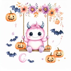 Naklejka premium A cute pink monster with horns sits on a swing surrounded by Halloween pumpkins, bats, and colorful flowers in a whimsical festive scene.