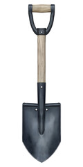 Watercolor illustration of a garden shovel with wooden handle on transparent background.