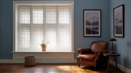 A bright interior room with a large white plantation-style shuttered window as the focal point