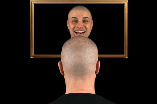 Fototapeta A bald man facing a mirror shows his smiling reflection in a surreal composition. Creative and humorous concept of self-perception, identity, and human emotions on a black background