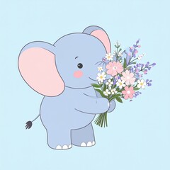Obraz premium A cute cartoon elephant holding a colorful bouquet of flowers on a light blue background.