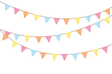 Festive Carnival garlands and bunting. Colorful triangle flags on rope for decoration of party, holiday, event, festive, celebration. Colorful pennants for banner, flyer template PNG design element
