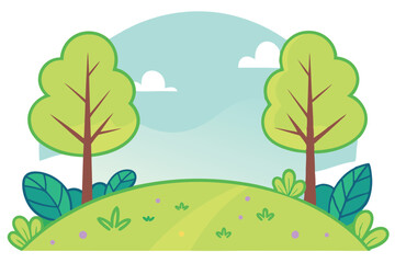 Obraz premium Cartoon Landscape with Green Trees, Hill, Bushes, Sky, Clouds, and Path Illustration