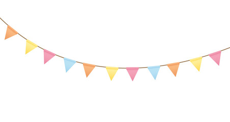 Carnival colored garlands and bunting. Festive triangle flags on rope for decoration of party, holiday, event, festive, celebration. Colorful pennants for banner, flyer, template PNG design element © Volha