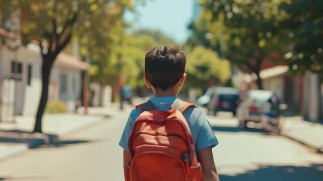 A dark-haired eight-year-old Hispanic man walks down the street on his way back to school.