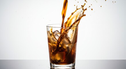 Dynamic Splash of Dark Cola Being Poured into a Glass with Ice Cubes, on a Bright White Background