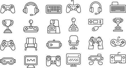 Black And White Line Art Icons Set Gaming Equipment Headset Keyboard Joystick Controller V R Glasses Trophy