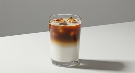 Beautifully Layered Iced Latte Macchiato in a Clear Glass with Ice Cubes on a White Background