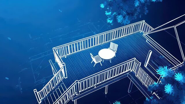 Modern deck blueprint architecture design featuring white railing, round table, and two chairs, surrounded by blue foliage, creative outdoor patio construction plan, modern home exterior