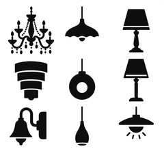 Luxury Lighting Icons. Solid style icons of luxury lighting: crystal chandelier, designer pendant, gold-trimmed lamp,