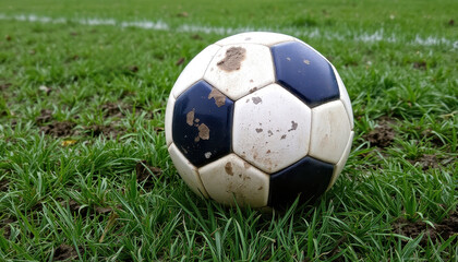 Fototapeta premium Mud-Stained Soccer Ball on a Grassy Football Field with White Line