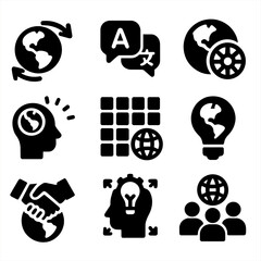 Global Collaboration Icons. Solid style icons of global collaboration: planet and arrows icon, multilingual chat, shared global