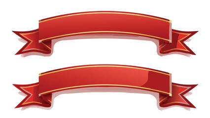 Two red ribbons with golden trim and decorative ends arranged one above the other on a white background