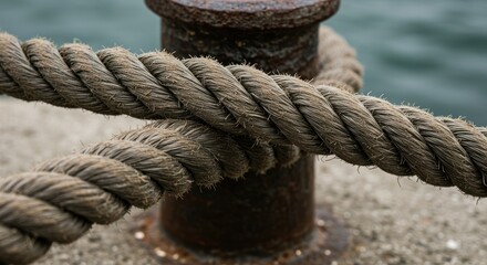 Fototapeta premium Close up view of thick rope around weathered bollard