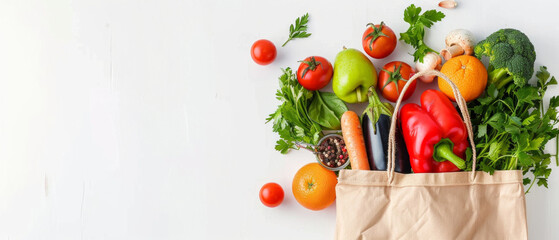 Fresh fruits and vegetables in paper bag on white background. Healthy food, ecological products, organic food. Cooking, lifestyle, natural products.
