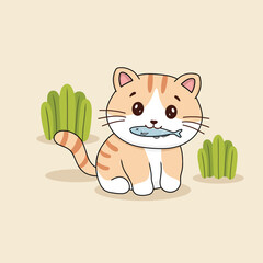 Cute cat eating fish cartoon vector illustration