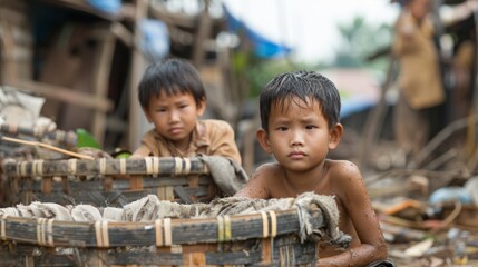 Two boys in a rural area playing near a wooden fence. Used in materials about childhood, rural life and social issues.