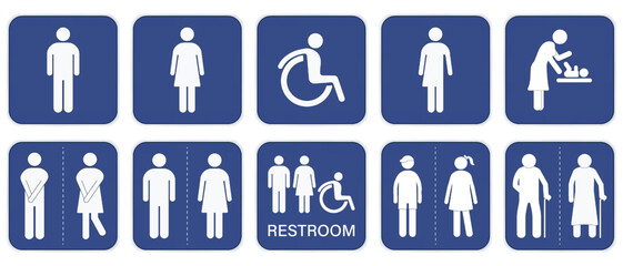 Set of restroom signs. Toilet signs. Men, women and cripple WC icon stickers.