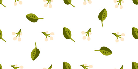 Seamless Leaf and Berry Pattern. Minimal seamless pattern with green leaves and pale berries on white background. Flat cartoon botanical style in natural colors.