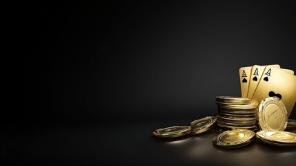 Aces and Gold: High-stakes poker concept featuring a winning hand of aces alongside a stack of golden coins, set against a moody backdrop