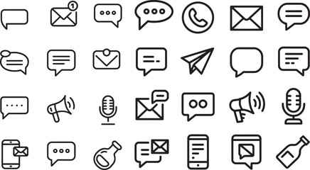 Black Line Art Communication Icons Set Messaging Email Phone Multimedia Symbols vector