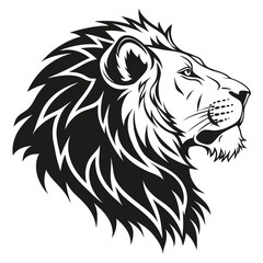 Majestic black lion head profile displaying its intricate mane against the white background