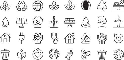 Black Line Art Eco Icons Set Twelve Environmental Symbols Renewable Energy Recycling Sustainability Plant Growth