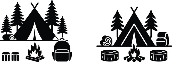 Simple Camping Scene Icons for Wilderness Exploration