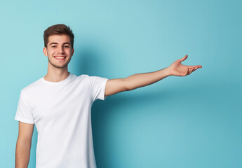 Excited Man in White T-Shirt and Jeans Pointing Left – Advertising Banner Mockup, Blue Background, High-Resolution Stock Photo for Marketing & Promotional Designs