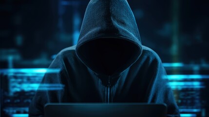Digital Intruder: A hooded figure, shrouded in anonymity, hunches over a laptop, their presence a stark warning in a digital world, the data streams flowing through the darkness