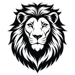 A majestic black and white lion head watches with fierce eyes and untamed mane