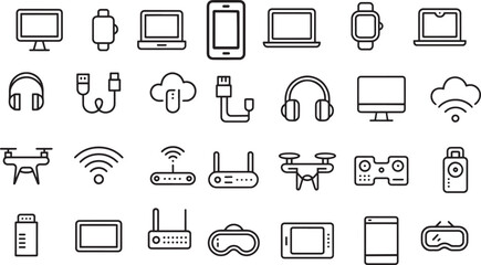 Black Line Art Icons Set Technology Gadgets Devices Minimalist Style Wireless Network Computer Smartphone