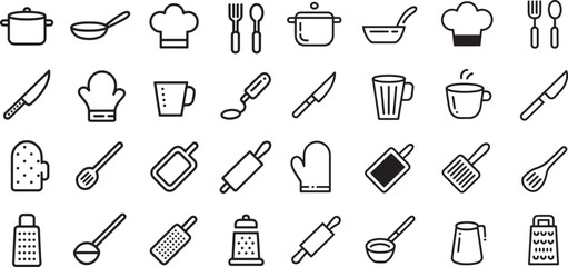 Black Line Art Kitchen Utensil Icons Set Twelve Cooking Tools Graphics Pack utensils