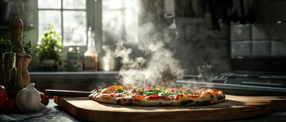 Slicing a freshly baked pizza on a rustic cutting board in a cozy kitchen high-fidelity image