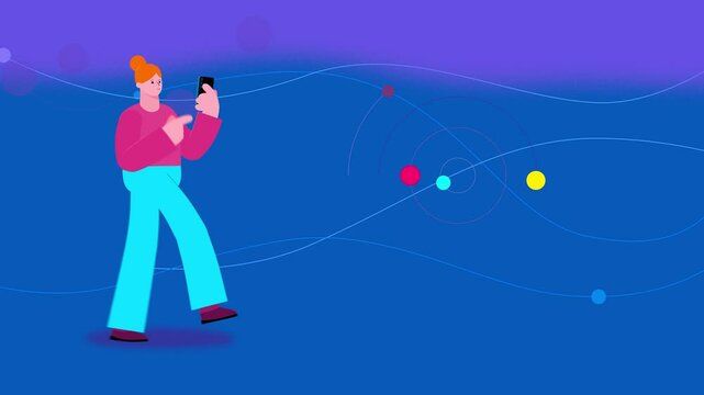 Successful animated woman walking with phone on simple noisy backdrop with waving lines left to right. Cartoon animation of businesswoman girl character male smiling scrolling gsm phone screen video.