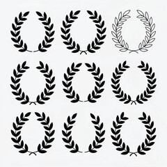 Elegant set of nine black laurel wreath designs with transparent background