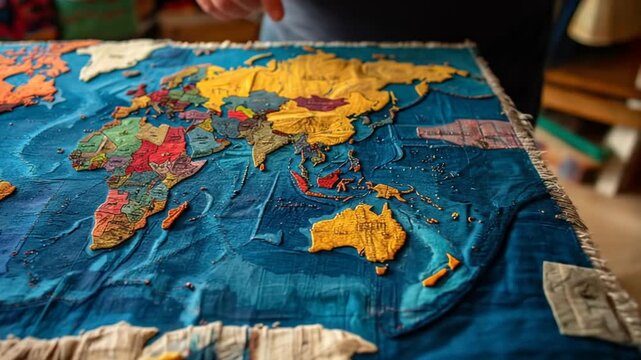 Embroidered World Map On Fabric Surface