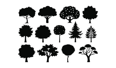 Silhouette collection of fifteen different trees